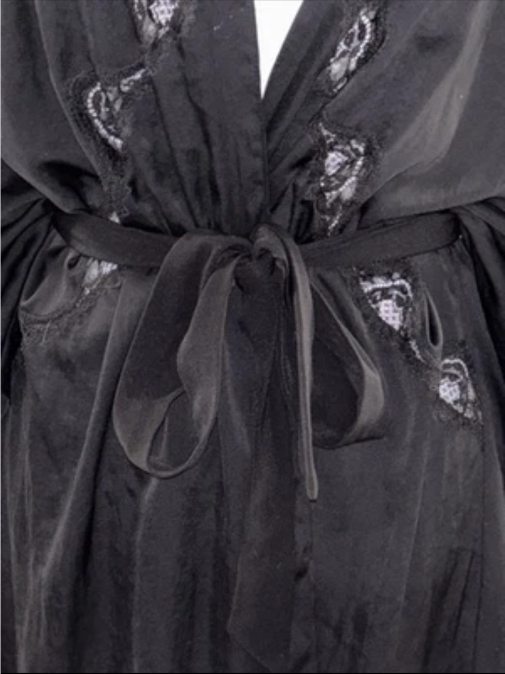 Victoria’s Secret Lace Trim Black Satin Kimono Tie Front Robe SZ.XS - Picture 7 of 10